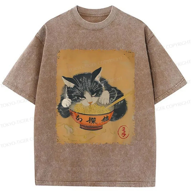 Tokyo-Tiger Vintage Black Cat Eat Ramen Washed T-Shirt