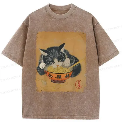 Tokyo-Tiger Vintage Black Cat Eat Ramen Washed T-Shirt