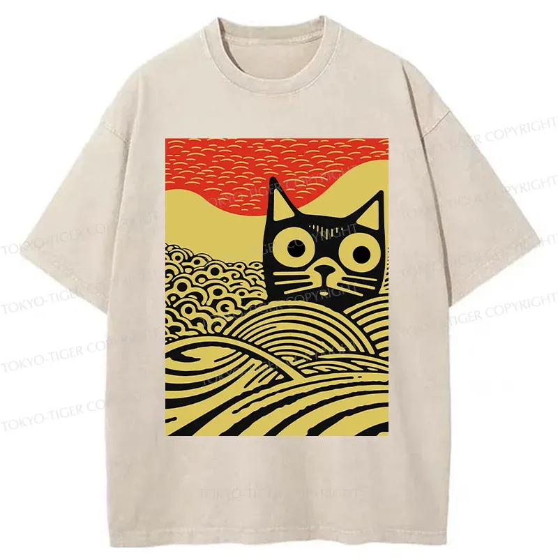 Tokyo-Tiger Woodcut Cat and Wave Washed T-Shirt