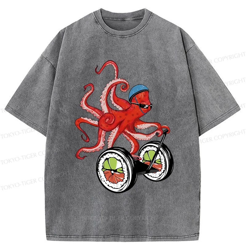 Tokyo-Tiger Octopus Riding A Sushi Cart Washed T-Shirt
