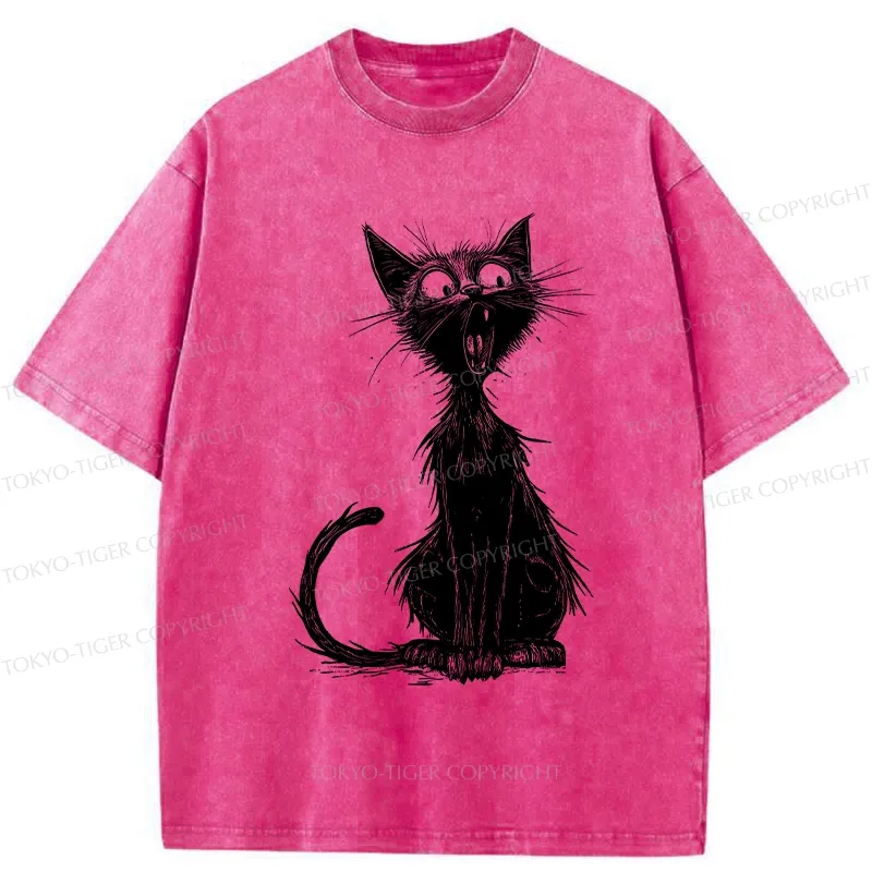 Tokyo-Tiger Surprised Black Cat Washed T-Shirt