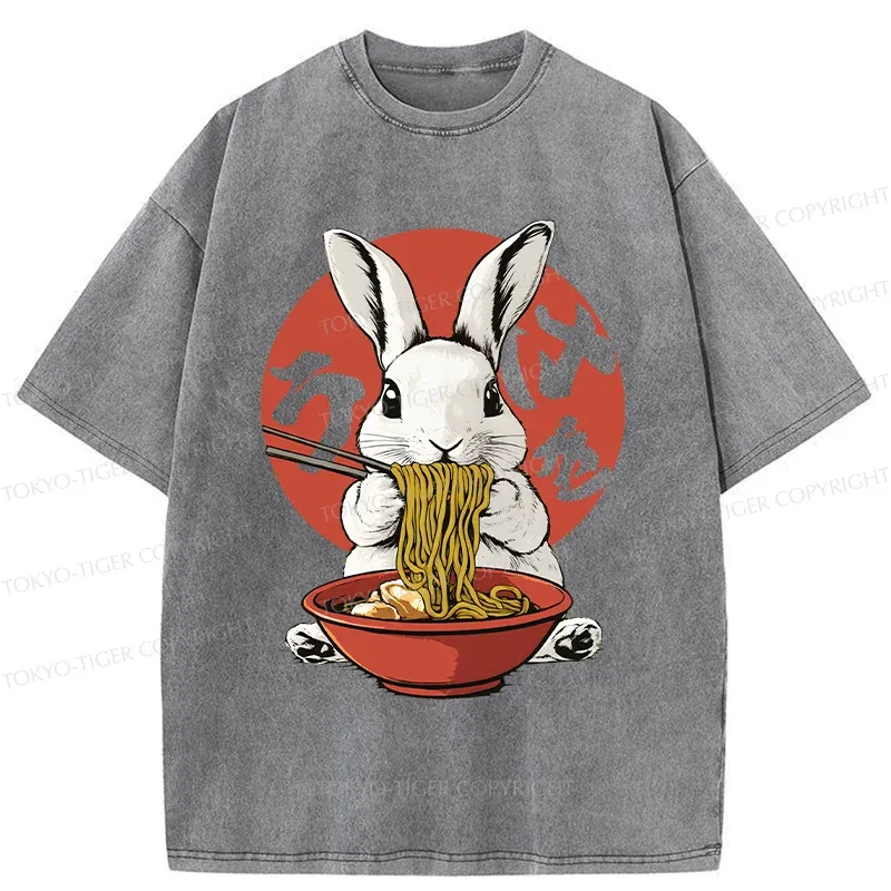 Tokyo-Tiger Rabbit Eating Ramen Washed T-Shirt