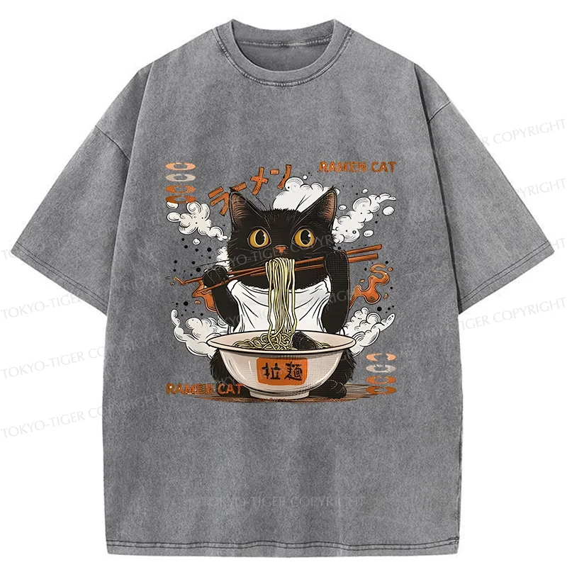 Tokyo-Tiger Cat Chef Eating Ramen Washed T-Shirt