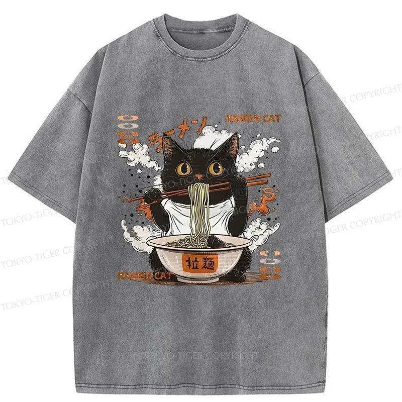Tokyo-Tiger Cat Chef Eating Ramen Washed T-Shirt