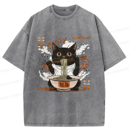 Tokyo-Tiger Cat Chef Eating Ramen Washed T-Shirt