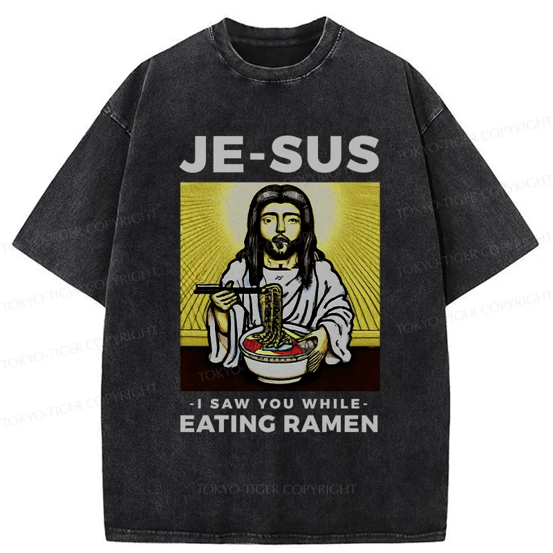 Tokyo-Tiger Jesus Eating Ramen Washed T-Shirt