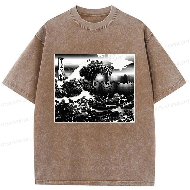 Tokyo-Tiger Black And White Ukiyoe Wave Washed T-Shirt