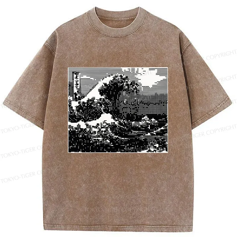 Tokyo-Tiger Black And White Ukiyoe Wave Washed T-Shirt