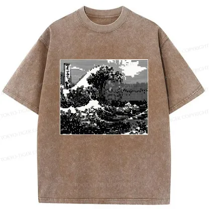 Tokyo-Tiger Black And White Ukiyoe Wave Washed T-Shirt