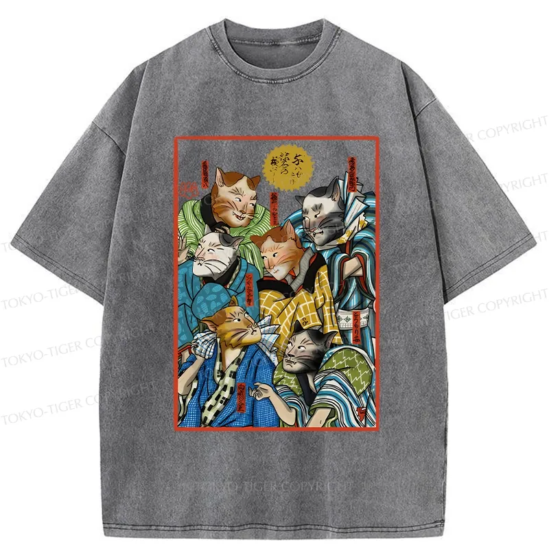 Tokyo-Tiger Japanese Ukiyo-e Cats Washed T-Shirt