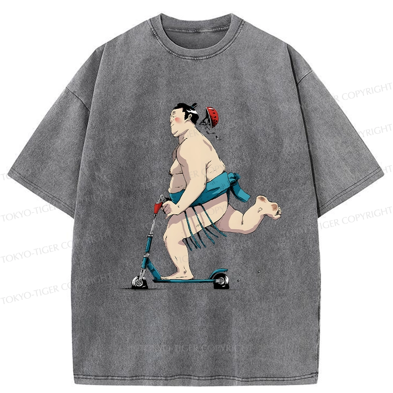 Tokyo-Tiger Sumo On A Scooter Washed T-Shirt
