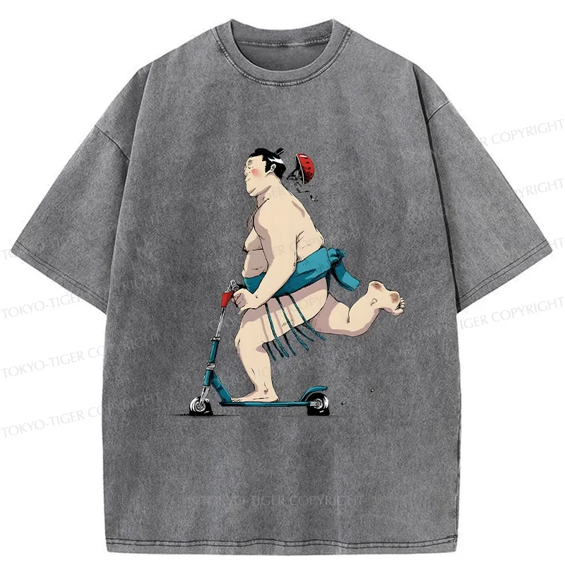 Tokyo-Tiger Sumo On A Scooter Washed T-Shirt