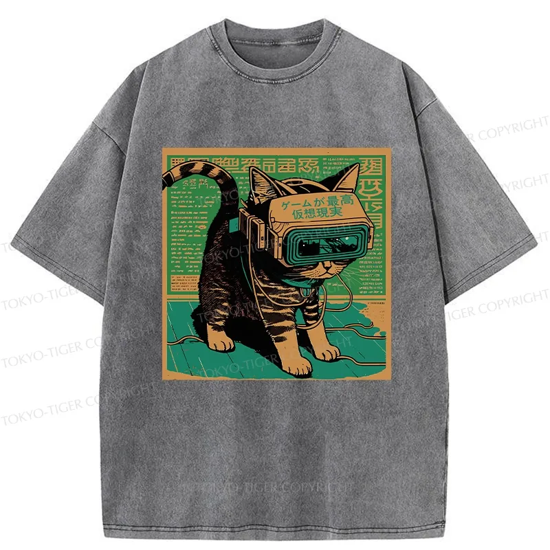 Tokyo-Tiger Cyberpunk Sci-Fi Cat Washed T-Shirt