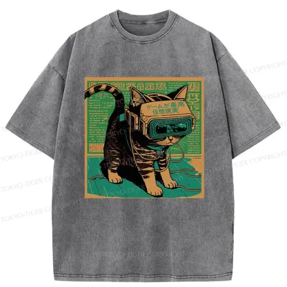 Tokyo-Tiger Cyberpunk Sci-Fi Cat Washed T-Shirt