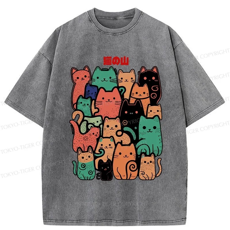 Tokyo-Tiger Funny Cat Mountain Washed T-Shirt