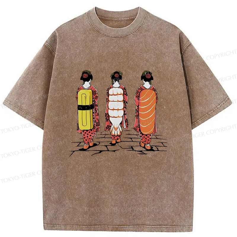 Tokyo-Tiger Sushi Japanese Girl Washed T-Shirt