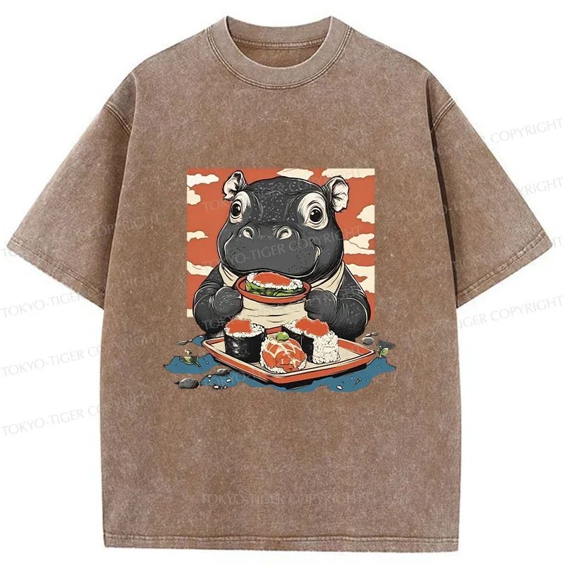 Tokyo-Tiger Moo Deng Eat Sushi Washed T-Shirt