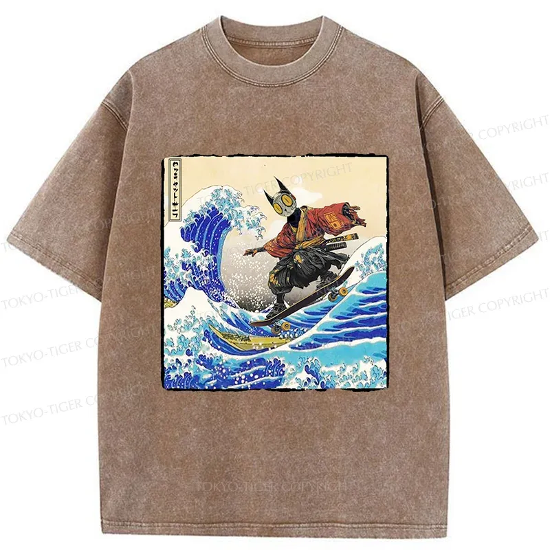 Tokyo-Tiger Surfing Machine Cat Washed T-Shirt