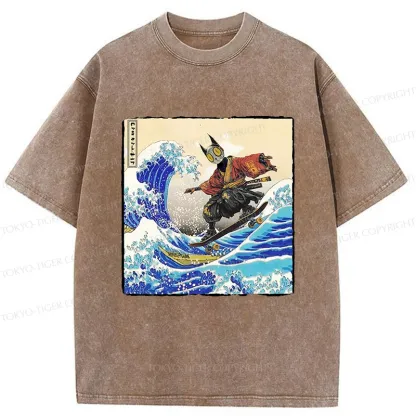 Tokyo-Tiger Surfing Machine Cat Washed T-Shirt
