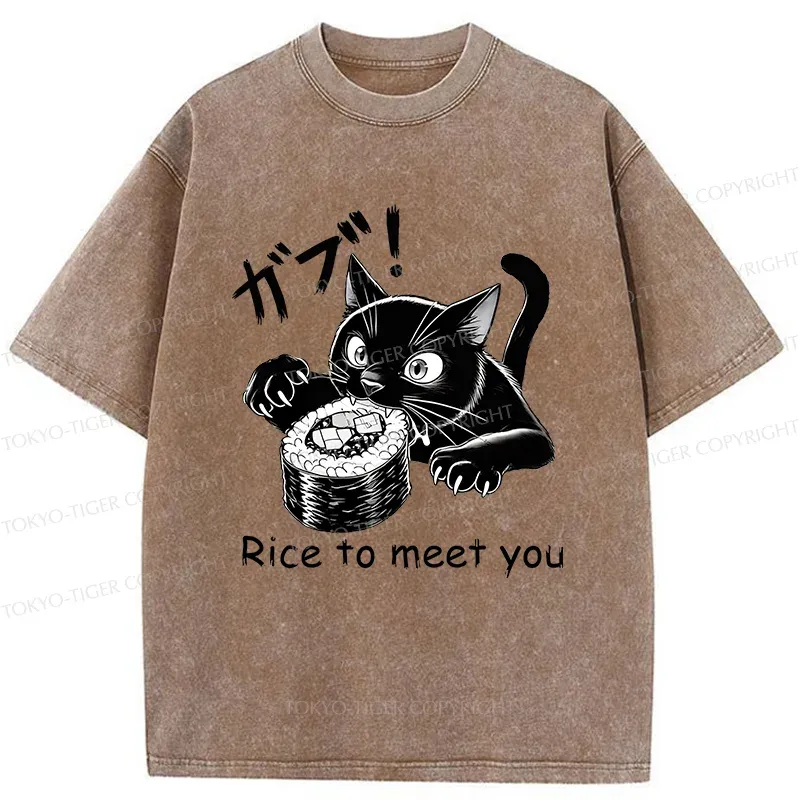Tokyo-Tiger Fierce Cat Eating Sushi Washed T-Shirt