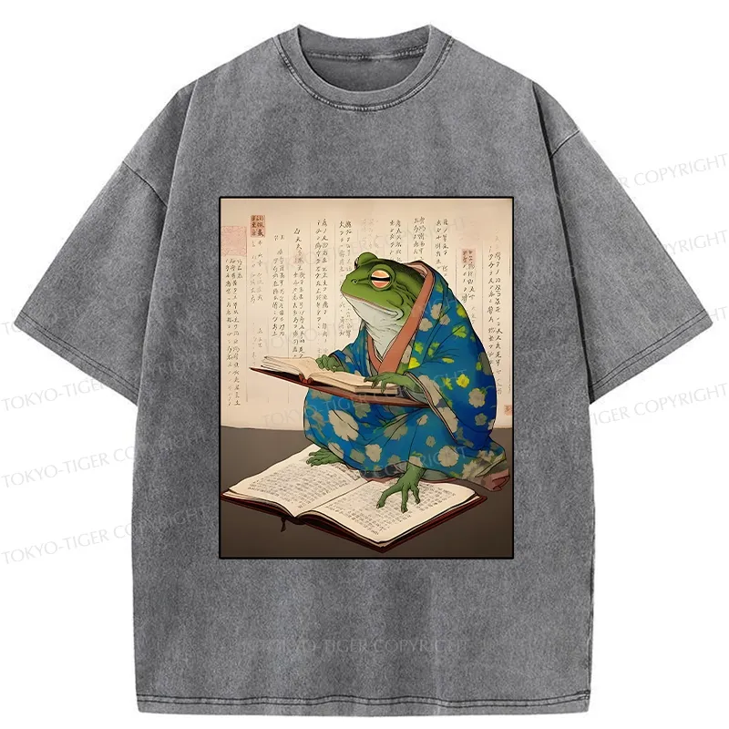 Tokyo-Tiger Frog Reading Japanese Washed T-Shirt Sale