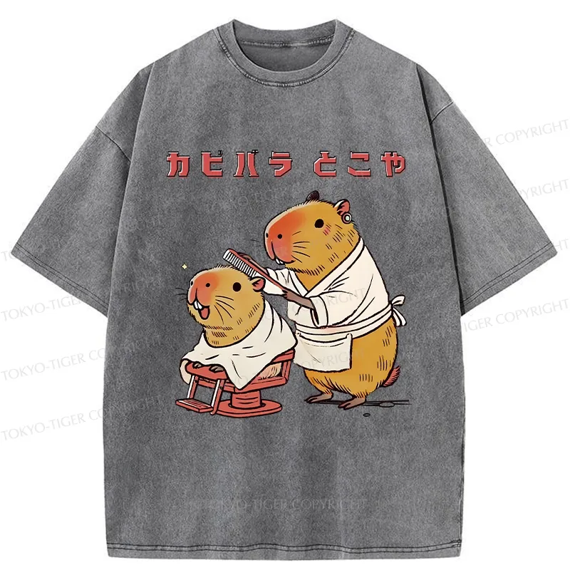 Tokyo-Tiger Funny Capybara Barber Washed T-Shirt