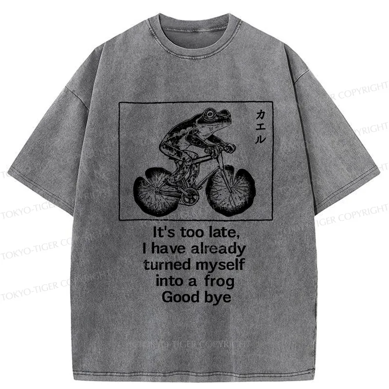 Tokyo-Tiger Funny Frog Riding A Bicycle Washed T-Shirt