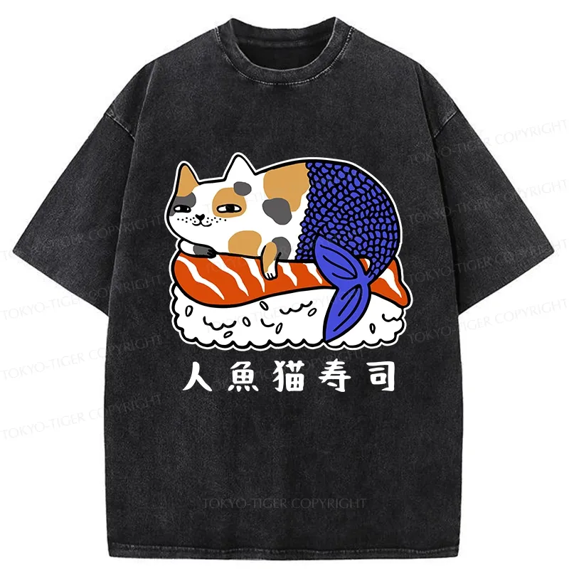 Tokyo-Tiger Mermaid Cat Sushi Washed T-Shirt