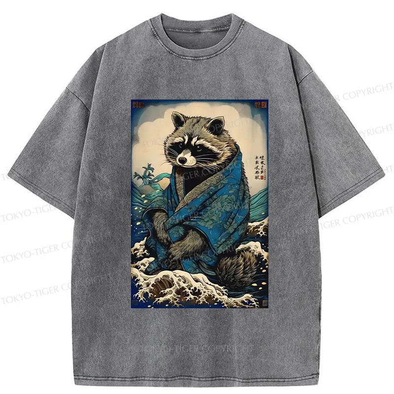 Tokyo-Tiger Raccoon And Waves Washed T-Shirt