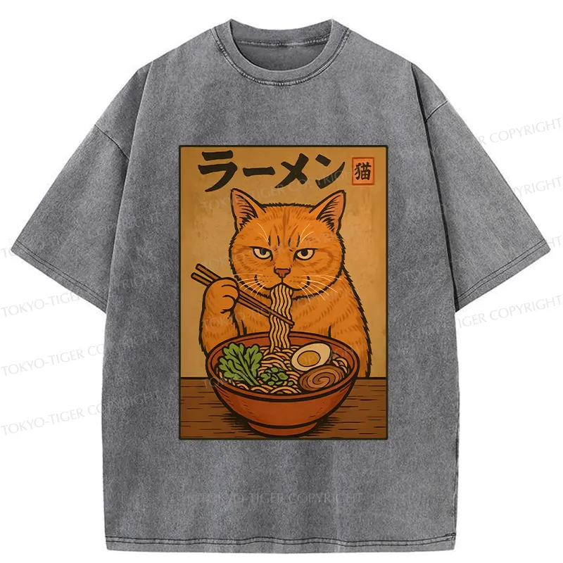 Tokyo-Tiger Ramen Obsessed Cute Cat Washed T-Shirt