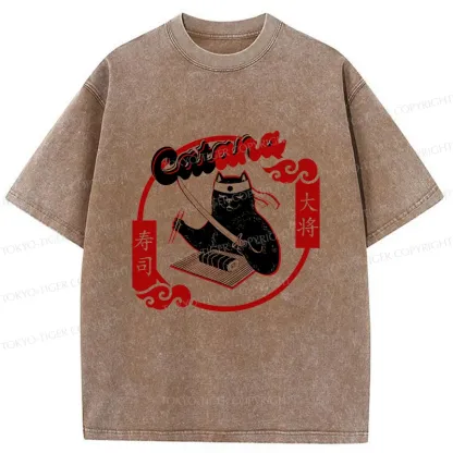 Tokyo-Tiger Cat Sushi Chef Washed T-Shirt