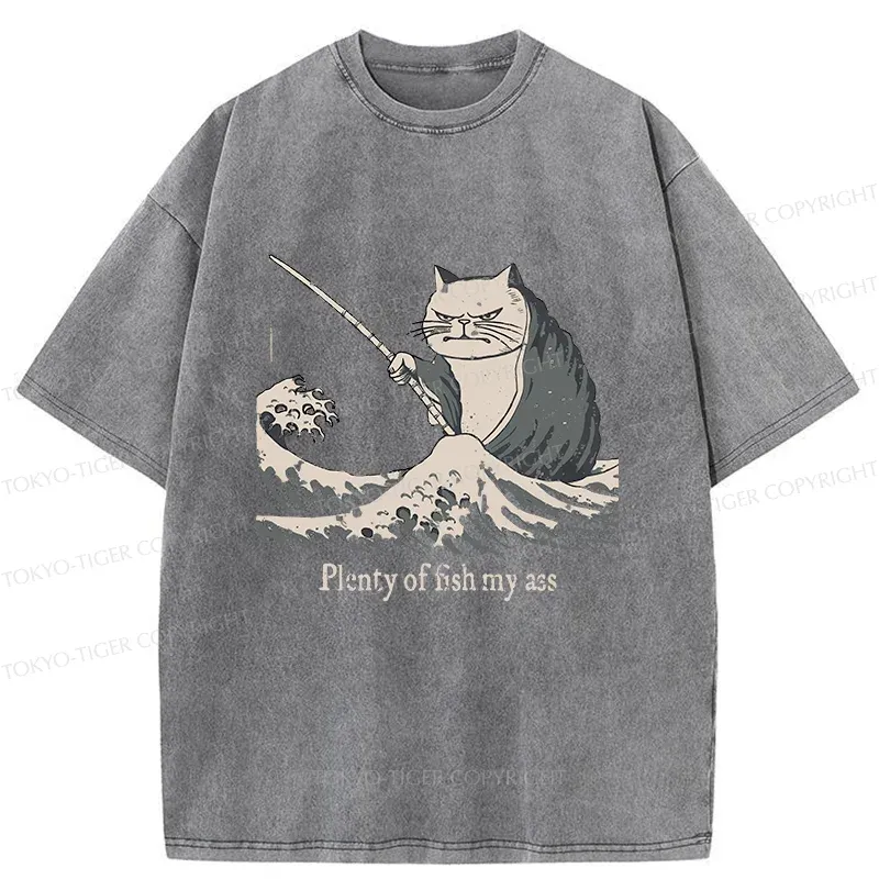 Tokyo-Tiger Kitten Fishing Funny Washed T-Shirt