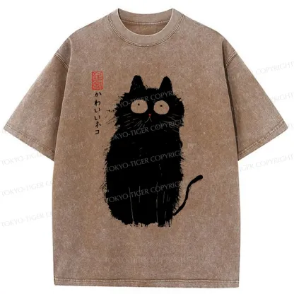 Tokyo-Tiger Black Cat With Puffed-up Fur Washed T-Shirt