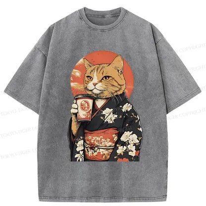 Tokyo-Tiger Cat Drinking Coffee Washed T-Shirt