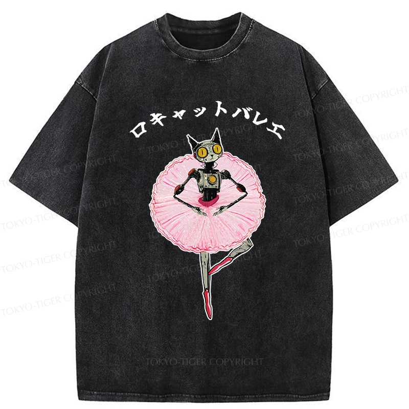 Tokyo-Tiger Ballet Dancing Robot Cat Washed T-Shirt