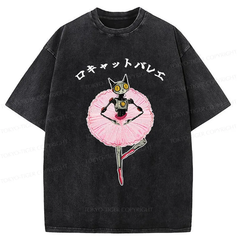Tokyo-Tiger Ballet Dancing Robot Cat Washed T-Shirt