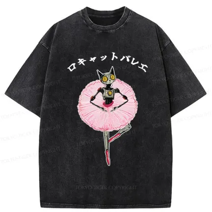 Tokyo-Tiger Ballet Dancing Robot Cat Washed T-Shirt