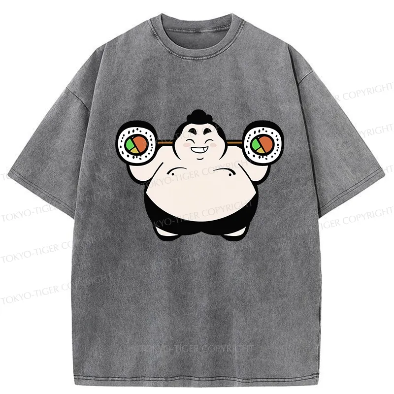 Tokyo-Tiger Funny Sumo Wrestler Lifting Sushi Barbell Washed T-Shirt