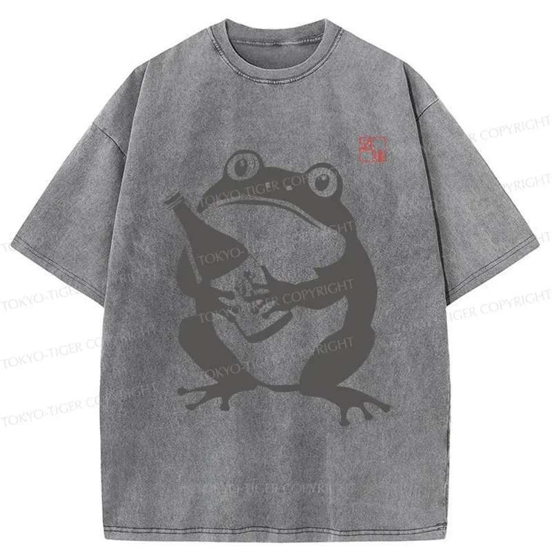 Tokyo-Tiger Retro Frog Holding Wine Washed T-Shirt