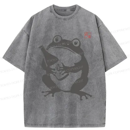Tokyo-Tiger Retro Frog Holding Wine Washed T-Shirt