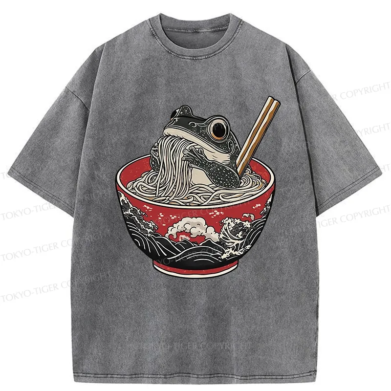 Tokyo-Tiger Funny Frog Eating Ramen In A Bowl Washed T-Shirt