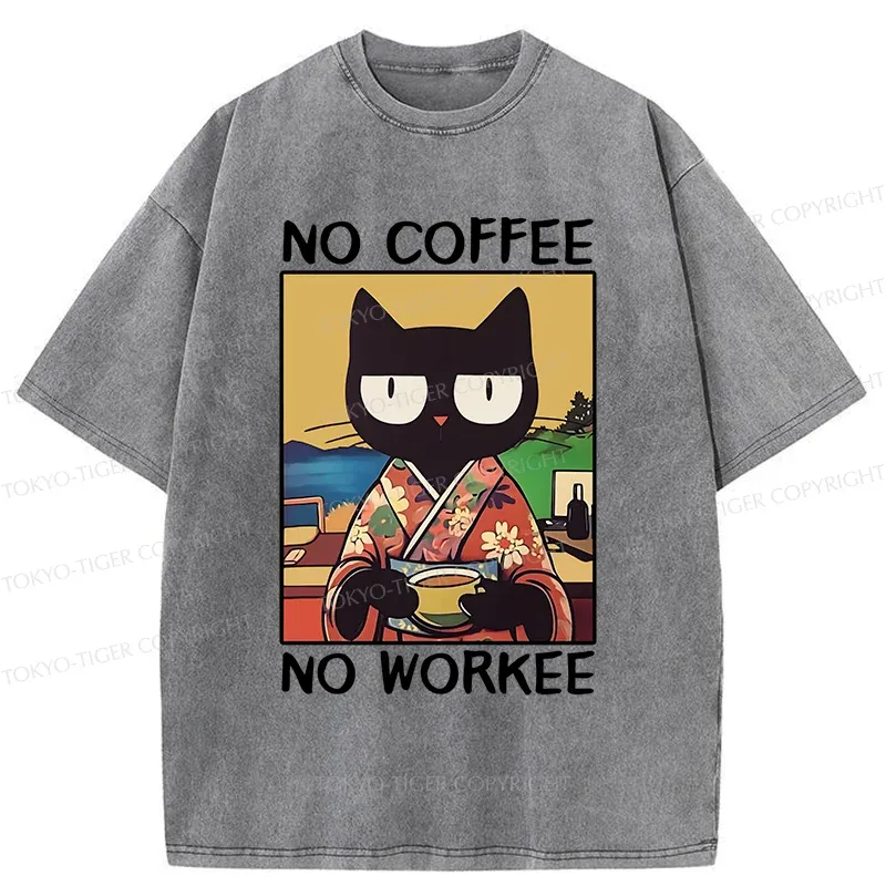Tokyo-Tiger Cat Drinking Coffee Washed T-Shirt