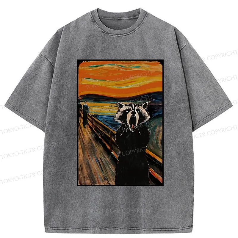 Tokyo-Tiger Funny Screaming Raccoon Washed T-Shirt