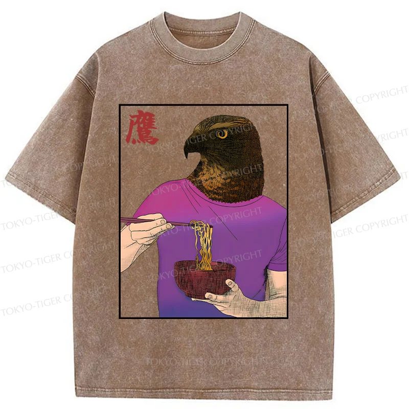 Tokyo-Tiger Eagle Eating Ramen Washed T-Shirt