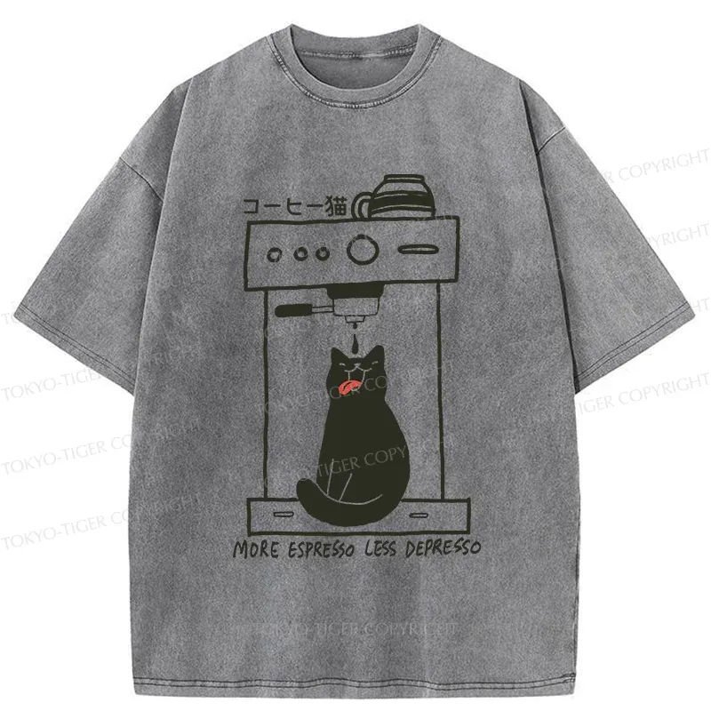 Tokyo-Tiger Cat Drinking Coffee Washed T-Shirt