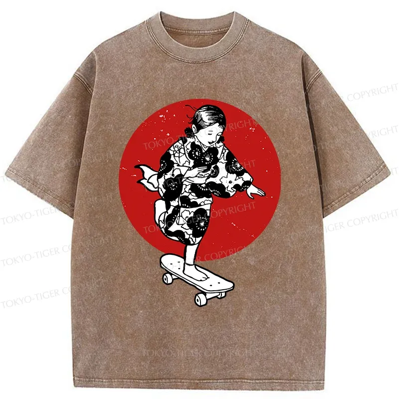 Tokyo-Tiger Kid On Skateboard Washed T-Shirt