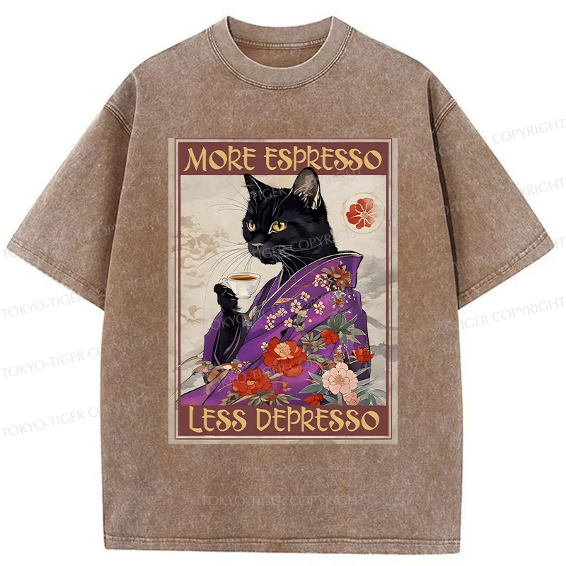 Tokyo-Tiger Japanese Cat Drinking Coffee Washed T-Shirt