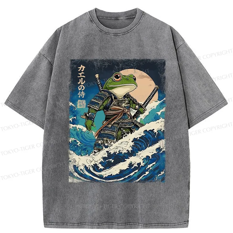 Tokyo-Tiger Frog Samurai In The Great Wave Washed T-Shirt
