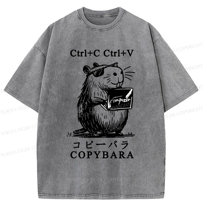 Tokyo-Tiger Capybara At Work Washed T-Shirt