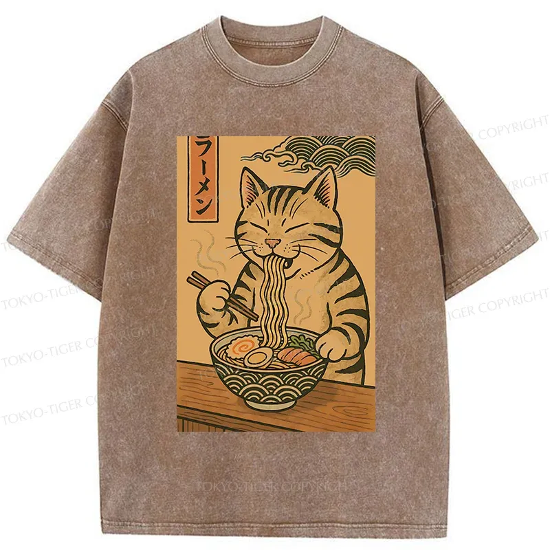 Tokyo-Tiger Retro Cat Eating Ramen Poster Washed T-Shirt